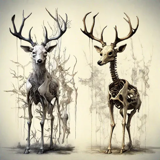 Prompt: "A Digital Illustration of Deer Body transitioning from Living to Skeleton, before-and-after, by Douglas Shuler, Ralph Steadman. Hyperfine details, Trending on Artstation, Masterful Composition, Reimagined by industrial light and magic, blotchy ink, 4k, flat lighting, HDR, IMAX, DoodleAddicts, shadow depth"