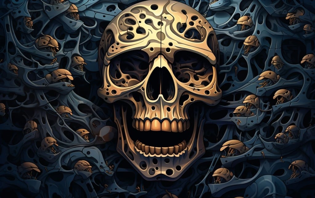 Prompt: a skull made out of large holes and intricate sculptures, in the style of wallpaper, vector, futuristic organic, hyper-detailed, environmental awareness, piles/stacks, sgrafitto