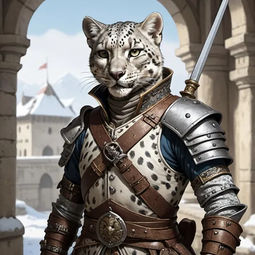 Prompt: Tabaxi swashbuckler smirking expression. Snow-leopard colouring/markings. Leather armour holding a rapier and buckler. Palace background