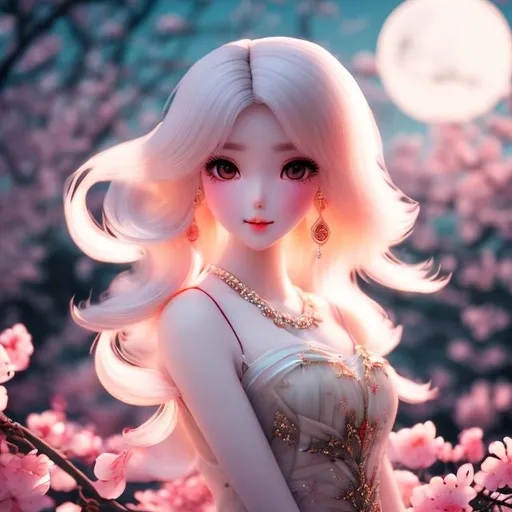 Prompt: High quality, great details, smooth animation tone, Japanese anime feel, blond long hair, full body, captivating scene with a beautiful, mature girl elegantly dressed in red and standing in front of the moon with glowing cherry blossom trees.