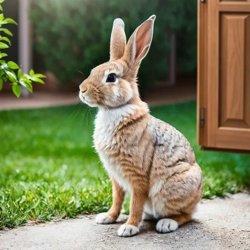 Prompt: Best quality, hyperrealism, high resolution Photorealistic image of a rabbit looking curious while outside on a clear day.