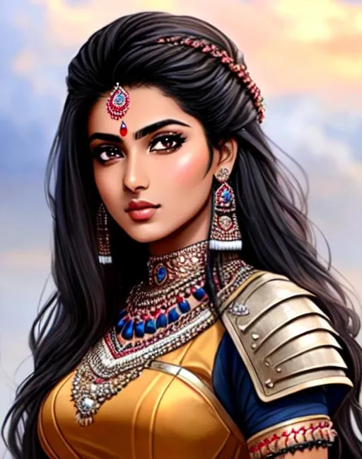 Prompt: Sadaf Mohammed Sayed, Indian actress who mainly appears in Telugu, Tamil, and Kannada films, 17 years old,  in outdoor villiage, wearing tribal cueitl armor, parted bangs, black hair with highlights, brown eyes, ethereal, jewelry set balayage wild hair, royal vibe, highly detailed, digital painting, Trending on artstation ,tan skin, HD quality, Big Eyes,artgerm, by Ilya Kuvshinov 