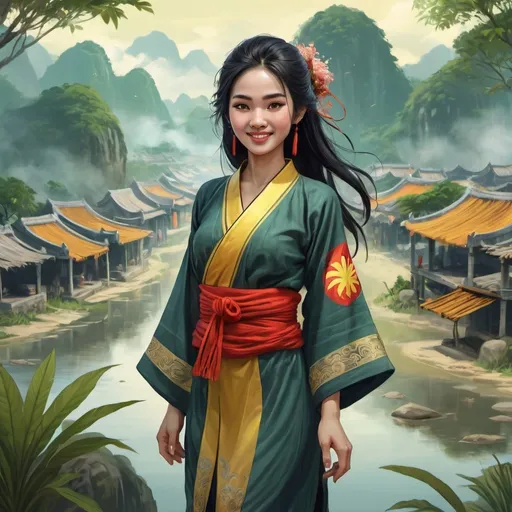 Prompt: Full body, Fantasy illustration of a vietnamese woman, 26 years old, amused expression, traditional garment, black hair, high quality, rpg-fantasy, detailed, Vietnam landscape background