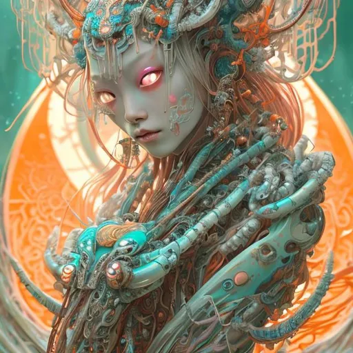 Prompt: Painted illustration a gorgeous ethereal Chinese princess with abundant detail intricate stunning highly detailed cyberpunk alien goddess in orange and teal, long hair made of ancient japanese pearls, porcelain, translucent Chinese pearlescent pearles, porcelain skin, cinematic lighting, by WLOP and Moebius, featured on deviantart, deviantart, cgsociety, sf, renderedas,evangelion