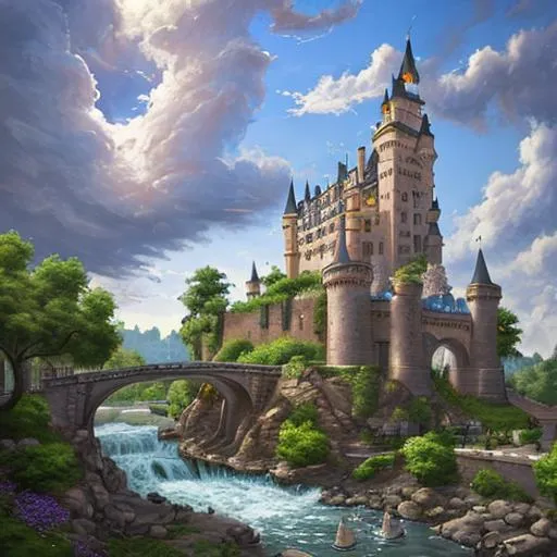 Prompt: Castle beside a river town, fish fountain and cloudy sky, style of Tyler Edlin