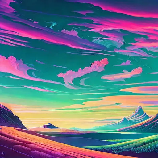 Prompt: Create a piece of art that combines various styles and inspirations to depict a colorful and fantastical landscape. The art should feature a beautiful sky painted in a realistic style, with intricate details and a wide-angle view inspired by artists like Ross Tran, Fenghua Zhong, and Hasui Kwase. The landscape should be filled with psychedelic illustrations and fractal designs, reminiscent of the works of artists like Josan Gonzalez, Angus McBride, and John Stephens.

In the foreground, the art should feature characters inspired by various artists such as Beeple, James Jean, Ilya Kuvshinov, Keith Parkinson, Moebius, Kilian Eng, Daniel Merriam, and Sangsoo Jeong. These characters should be depicted with unique and creative designs, showcasing benevolence and featuring sakura-colored elements, inspired by Li Shida and Jinsung Lim.

The overall composition of the art should be influenced by the panoramic anamorphic style of Otomo Katsuhiro's film still from "Necrosis", with elements of fantasy art and psychedelic art, as seen in the works of Victor Ngai and Yun Ling. The final artwork should be a masterpiece, showcasing the best of each artist's style and inspired by the incredible talents of the artists mentioned above. 