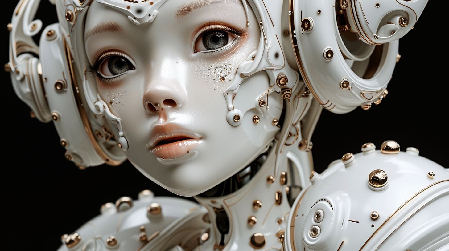 Prompt: A blend of the past and future, this close-up captures a white robot girl in a dark beige and white color palette. Her design, rich with metal and technology, exudes Victorian elegance. The emotive expression on her face, coupled with the sleek metallic finish and bold saturation, pays homage to the style of classicist innovators --ar 16:9 --style raw --sref https://s.mj.run/BdTBSZzPmng --stylize 500