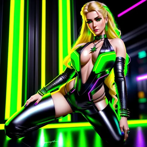 Prompt: A hyper realistic detailed full body image of a kneeling feminine ((sexy woman)) who has ((laser green in eyes)), ((electric blonde in hair)) with ((sexy outfit)) with a plunging neckline, cyberpunk edgerunner, highly detailed, digital painting, Trending on artstation, HD quality, ((Yennefer)), ((by Prywinko)), ((huge breast)), ((sexy)),