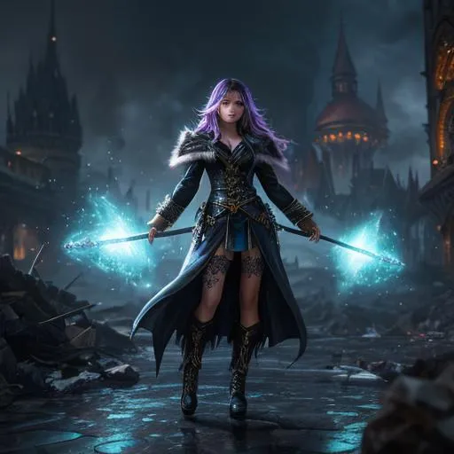 Prompt: Splash art, swirling magical lights, exploding debris, dense fog, create an intricately detailed, full body, ultra realistic, 3D Rendered image focused on an enticing, alluring, highly detailed, slender ((random hair color)), hyper detailed realistic skin, super exotic young adult magical human sorceress. {{surrounded by angry orcs.}}, casting magic lightning bolts} in an ultimate epic depiction of battling orcs, in a dystopian city destroyed by, 64k resolution, ultra photo realistic, highly exotic, ultimate fantasy, digital concept art, perfect cinematic lighting, perfect shading.