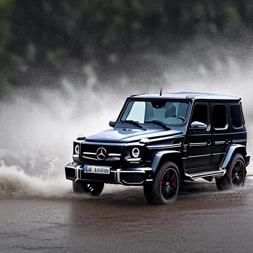 Prompt: Mercedes G63 black in open sky fast motion blur thunderstorm realistic wet roads rain drift detailed