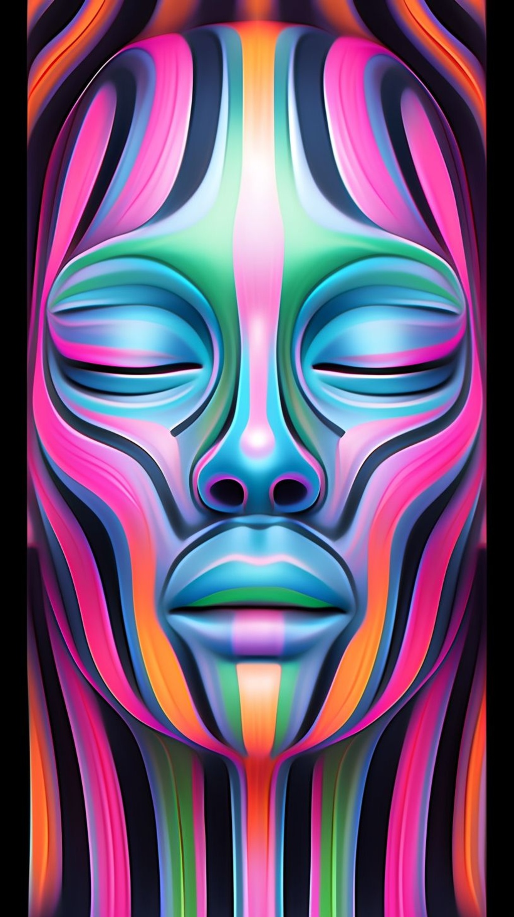 Prompt: a colorful image of a human face, in the style of striped compositions, luminous 3d objects, realistic anatomies, balanced symmetry, human connections, linear patterns, whimsical cyborgs