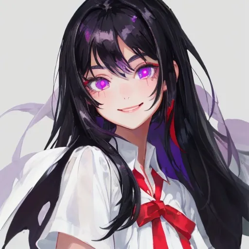 Prompt: Kind and smiling teenage girl with black hair and purple eyes with red pupils wearing a white dress