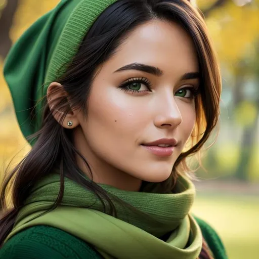 Prompt: a woman wearing a green scarf