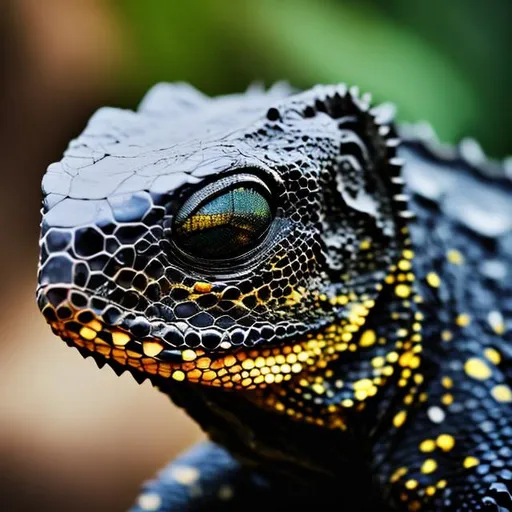 Prompt: Reptile black yellow eyes 