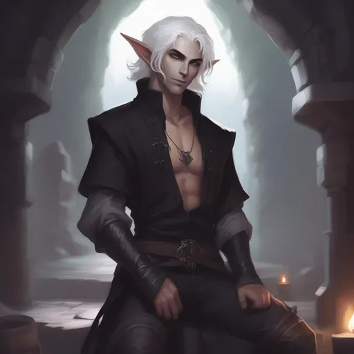 Prompt: dnd a cute dark elf wizard with short wavy messy white hair wearing black open collar shirt chilling in a dungeon 