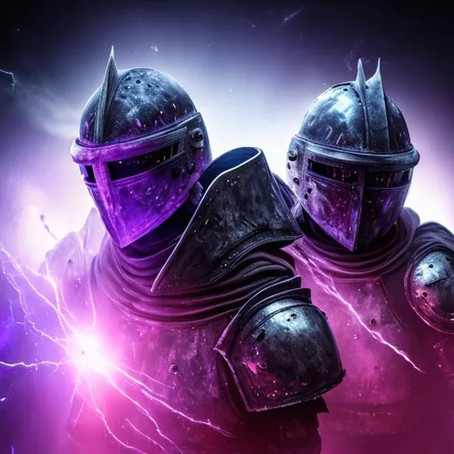 Prompt: Knights with helmets, purple light cracking through the helmets, standing in the void, black hole in the distance.