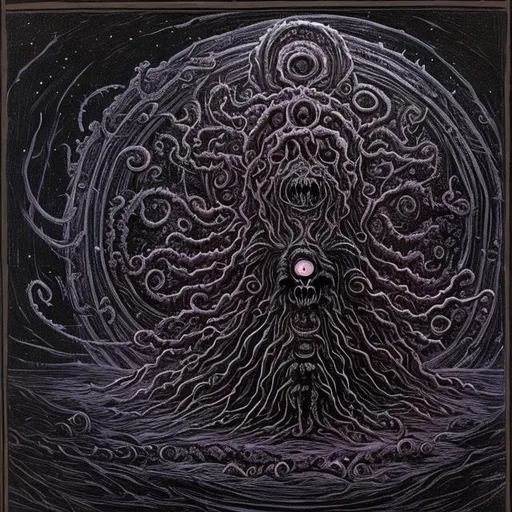 Prompt: Necronomicon Azathoth amorphous black mass in the dark cold center of the universe among dead cold stars and black radiance playing wailing flutes