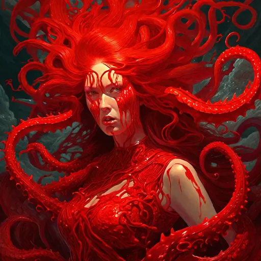 Prompt: "Intricately hyperdetailed terrifying burning woman (("monstrous  glowing red eyes; sleeveless red dripping fighting outfit; Slavic redhead straightened hair"))!!! (sinister "dripping red tentacles rising from red turbulent seas" background)!! WLOP; Atomhawk; Steve Beran; Iain Macarthur; Aivazovsky; HDR half-portrait photograph; Cinema 4D; dynamic lighting; volumetric lighting; amazing depth; "contrasting shades of red;" meticulously detailed masterpiece"