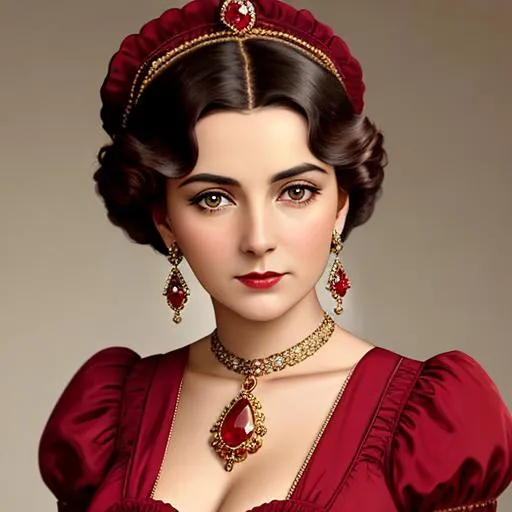 Prompt: Wealthy, stylish lady of the Victorian era, wearing ruby and gold jewelry, wearing ,facial closeup