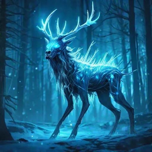 Prompt: A fantasy translucent wendigo that is glowing, frozen in a winter wood, beneath the stars, bioluminescent, highres, best quality, concept art
