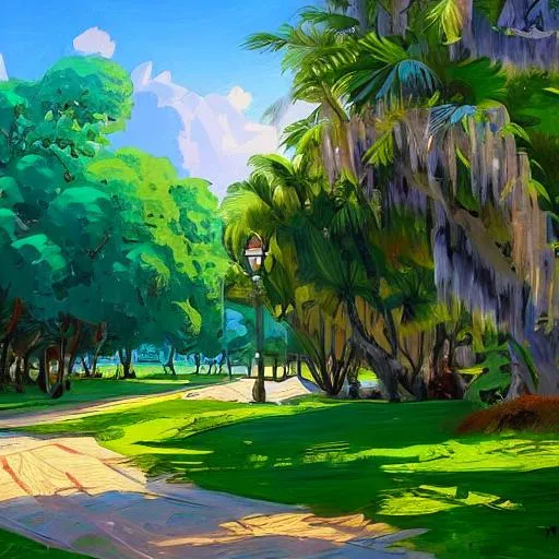 Prompt: A cartoon style florida landscape  in the style of Peder Mork Monsted