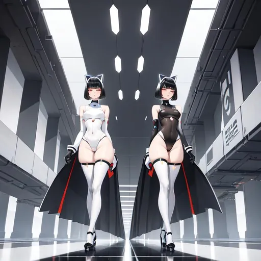 Prompt: a lonely AI girl, very tall, thick thighs, wide hips, long legs, slender arms, slender waist, big beautiful symmetrical eyes, intriguingly beautiful face, aloof expression, bob haircut with bangs, wearing Hyperfuturist Brutalist Anti-Human AI-Supremacy fashion clothes, high fashion, 12K resolution, hyper quality, hyper-detailed, hyper-realistic, hyper-professional