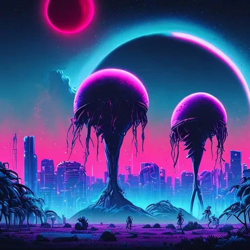 Prompt: Synthwave strange alien world