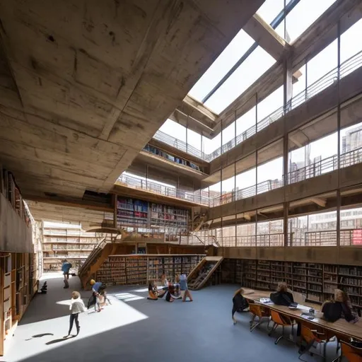 Prompt: a large multi story library filled with books and with brutalist architecture and lots of skylights and foot paths  