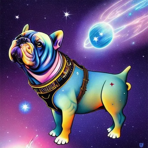 Prompt: cosmic Bull dog, Trip through space