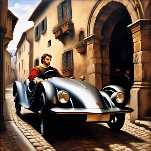 Prompt: Handsome young and rich medieval man driving a luxurious sportscar in a narrow medieval street, some people watching the scene from the windows, oil painting, 16th century, realistic, in the style of Michelangelo. 