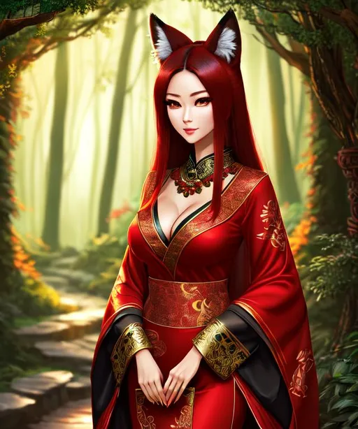 Prompt: Furry, Fox Woman, oriental red dress, decorative cutout, slim figure, lush forest, night, forest temple, beautiful, high quality, high resolution, highly detailed, detailed background, detailed face, detailed hands,