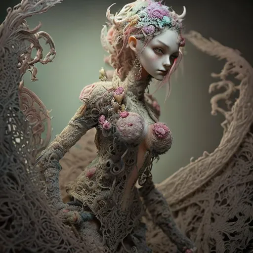 Prompt: needle-felted fantasy figures, woman, intricate details, insane details, volumetric lighting