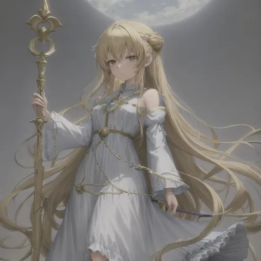Prompt: Anime, Average Girl, high quality. Full Body. Long Hair, Big Eyes. Anatomically Correct, 4k, Cute Priestess with frilly long dress, Pastel Colors, Fantasy DnD Healer, Medieval Fantasy, Goblin Slayer Style, Golden Hair, Holding Long Staff, Human Cleric