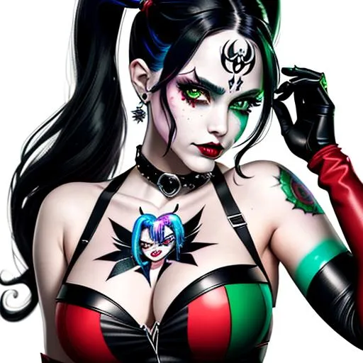 Prompt: ((full body)) hyper quality, refined rendering, extremely detailed CG unity 8k wallpaper, highly detailed, (super fine illustration), highres, (ultra-detailed), detailed face, perfect face, DC COMIC HARLEY QUINN ((black hair)) (green hyper detailed eyes) (anarchy tattoo) (((extremely delicate and beautiful))), stunning art, best aesthetic, twitter artist, amazing, high resolution, fine fabric emphasis, UHD, 