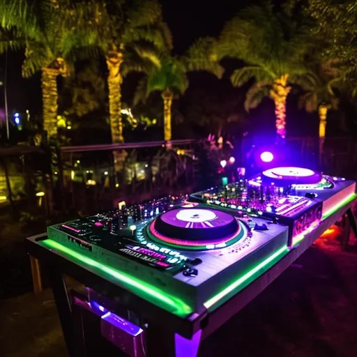 Prompt: Dj table at night outside
