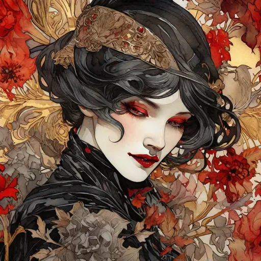 Prompt: "thin lines, Alphonse Mucha dynamic lighting hyperdetailed intricately detailed Splash art triadic hard colors, watercolour Portrait of female vampire covered in black flowers, roaring 20s aesthetic, Black and red, masterpiece hyperrealistic soft watercolour Portrait, thin Paintbrush floral, high Resolution, gold autumn Ornaments"