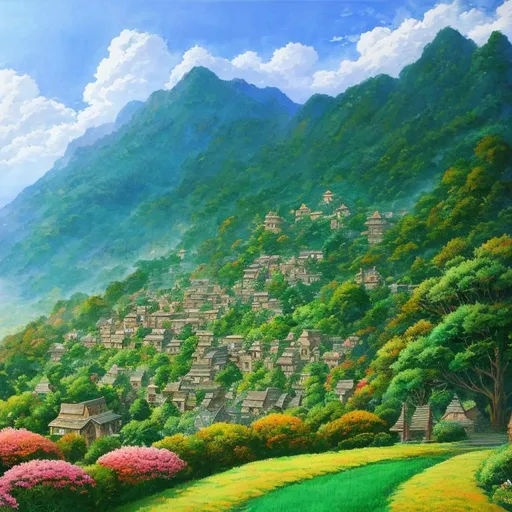 Prompt: Ghibli landscape, in the style of Hayao Miyazaki, painting, ultra high definition, intricate details, wallpaper, 8K