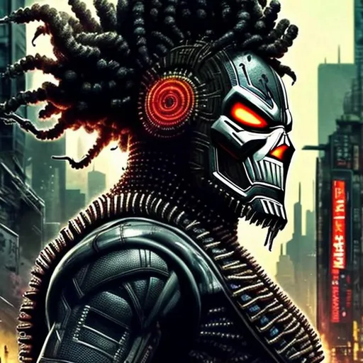 Prompt: Focused. Sharp. 4k. Afro hair. Scarification. Branding. All Might punisher spawn. Afro. all-black camo. Full body. Imperfect, Gritty, futuristic army-trained villain. Lower Half face mask. Accurate. realistic. Slow exposure. Detailed. Dirty. Dark and gritty. Post-apocalyptic Neo Tokyo .Futuristic. Intense. 