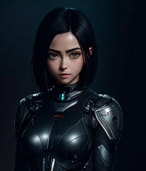 Prompt: alita, full body,brow eyes ,perfect composition, render trending on artstation, 8 k artistic photography, photorealistic concept art,natural volumetric cinematic perfect light, robotic ,black hair, Digital illustration, gorgeous ,perfect composition, render trending on artstation, 8 k artistic photography, photorealistic concept art, natural volumetric cinematic perfect light,cyborg