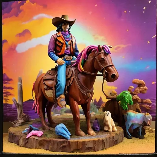 Prompt: Cowboy diorama in the style of Lisa frank