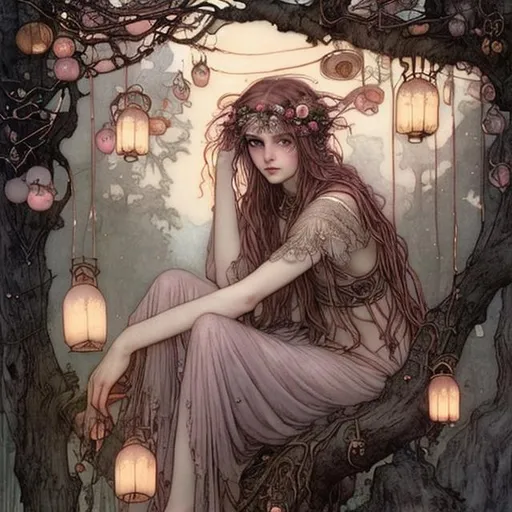 Prompt: Druid witch girl with rose gold pinkish hair and artistic detailed delicate face sitting high in a tree branch with Hanging lanterns by John Bauer and John William Waterhouse high contrast colorful storybook illustrations braids in hair dark and mysterious 