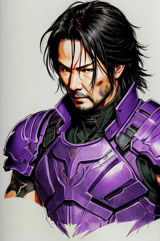 Prompt: (((Yoji Shinkawa))), sticker of ultra detailed portrait of a keanu reeves from Ninja Gaiden in purple armor. Detailed Ninja mask, high quality cell shaded illustration in post apocalyptic style by Yoji Shinkawa, ((full body)), dynamic pose, perfect anatomy, centered, freedom, soul, approach to perfection, cell shading, 4k , cinematic dramatic atmosphere, watercolor painting, global illumination, detailed and intricate environment, artstation, concept art, fluid and sharp focus, volumetric lighting, cinematic lighting, Art by Yoji Shinkawa,