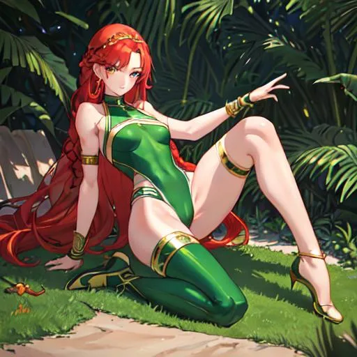 Prompt: (masterpiece), best quality, dull eyes, perfect face, 1girl, fifteen years old girl, tall girl, muscled girl, long red hair, braided hair, French Braid, knee-length hair, green eyes, tanned skin, full body, green leotard, green bandanna, green arm bracers, green boots, confident expression, red neck covering chocker, latex chocker, green jewel on the chocker