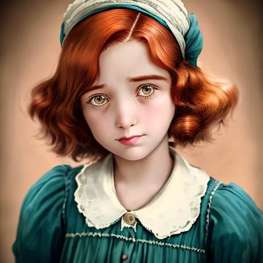 Prompt: depression era girl, poverty, Auburn hair girl,  facial closeup