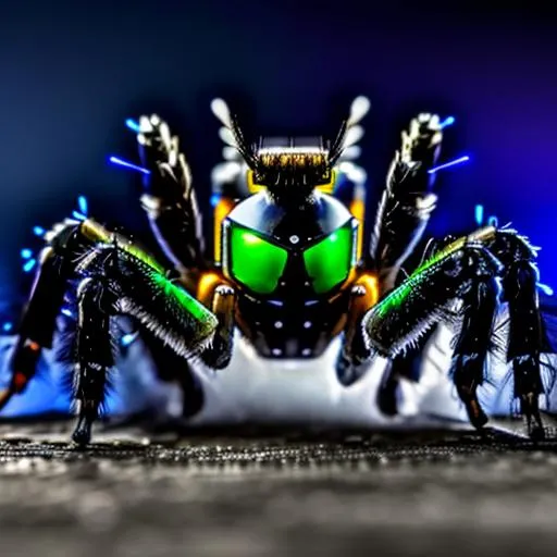 Prompt: photo of combat spider wearing a cyberpunk uniform fighting with a  ant wearing an armor ,full body view, highly detailed, high resolution, look at viewer with intense gaze, predatory, hyper detailed eyes, crisp focus, natural lighting --ar 2:3 --q 2, macro. National Geographic award winning wildlife macro shot 