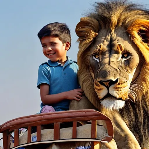 Prompt: A child ride on a lion