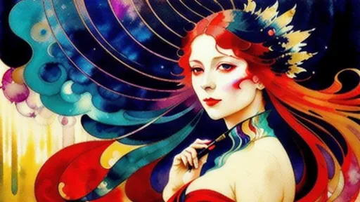 Prompt: Lady in red, smudge, splash, stain, watercolor, alphonse mucha, rococo, iridescent, synesthesia, mysterious, vapor, whimsical, noctilucent, karol bak, sonia delaunay, takashi murakami, ralph steadman, mixed media, symbolist painting