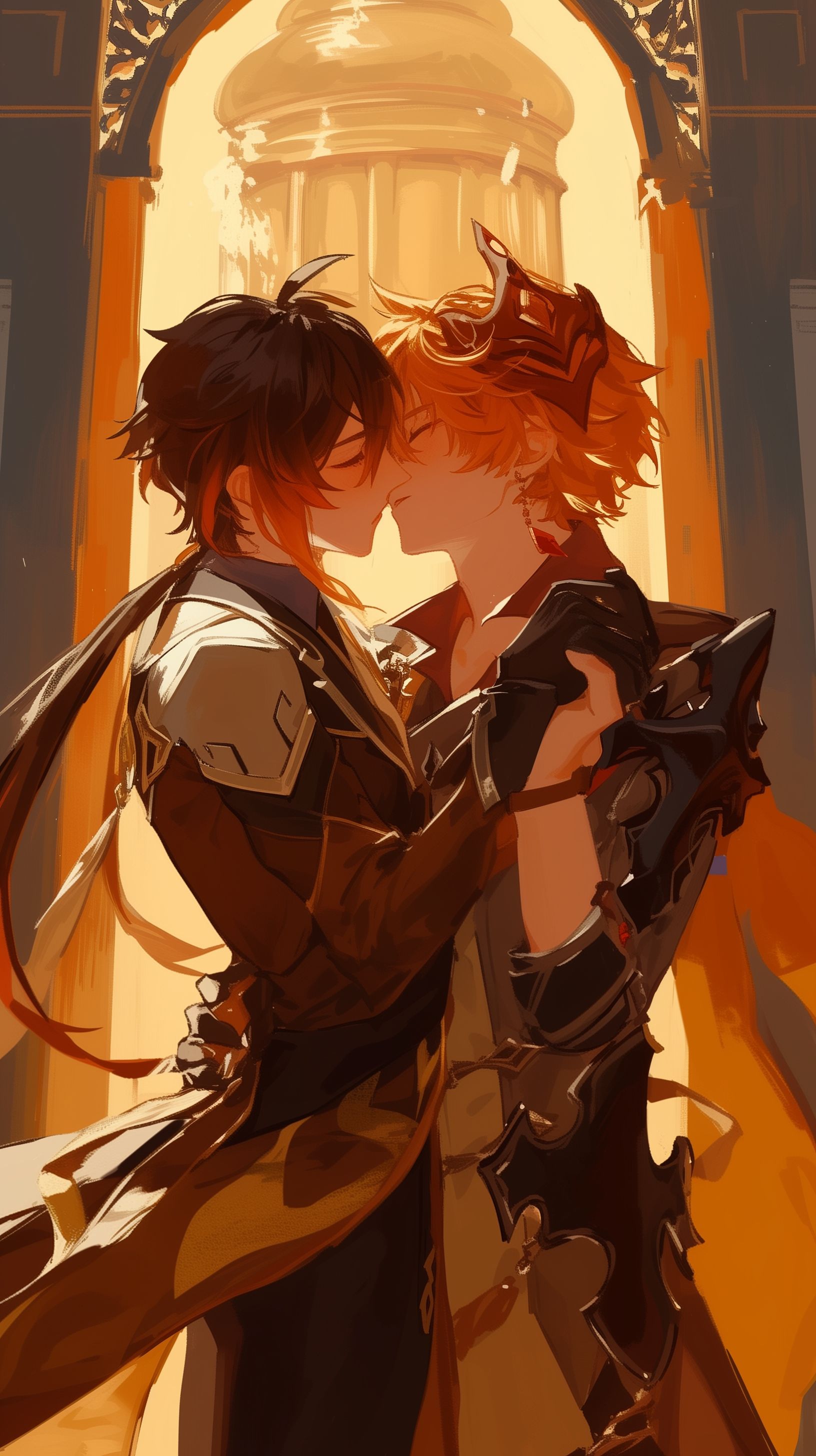 Prompt: Tartaglia kissing Zhongli on the lips from Genshin Impact, They are holding hands clearly in love with each other, blushing, infront of a golden temple pressed together --niji 6 --ar 9:16