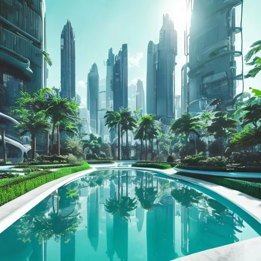 Prompt: Futuristic White city lush green plants blue sky reflection pool