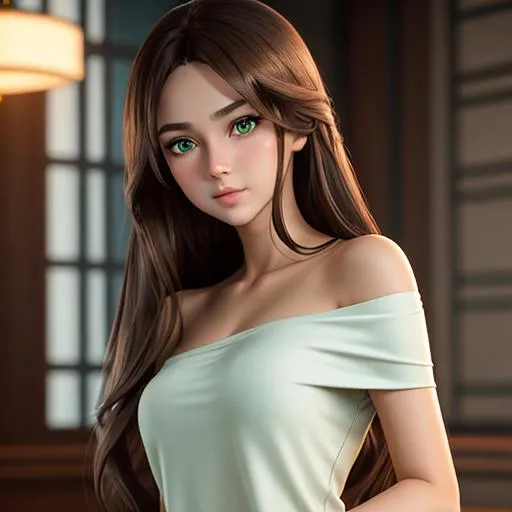 Prompt: Spy, Young girl, long brown hair, 12 years old, Beautiful , intermediate, intelligent, shy, charming, pretty, loose t-Shirt, exposed shoulder, green eyes, anime character,  detailed,  vibrant,  anime face,  sharp focus,  character design,  wlop,  artgerm,  kuvshinov,  character design,  unreal engine, full body , ultra hd, realistic, vivid colors, highly detailed, UHD drawing, pen and ink, perfect composition, beautiful detailed intricate insanely detailed octane render trending on artstation, 8k artistic photography, photorealistic concept art, soft natural volumetric cinematic perfect light